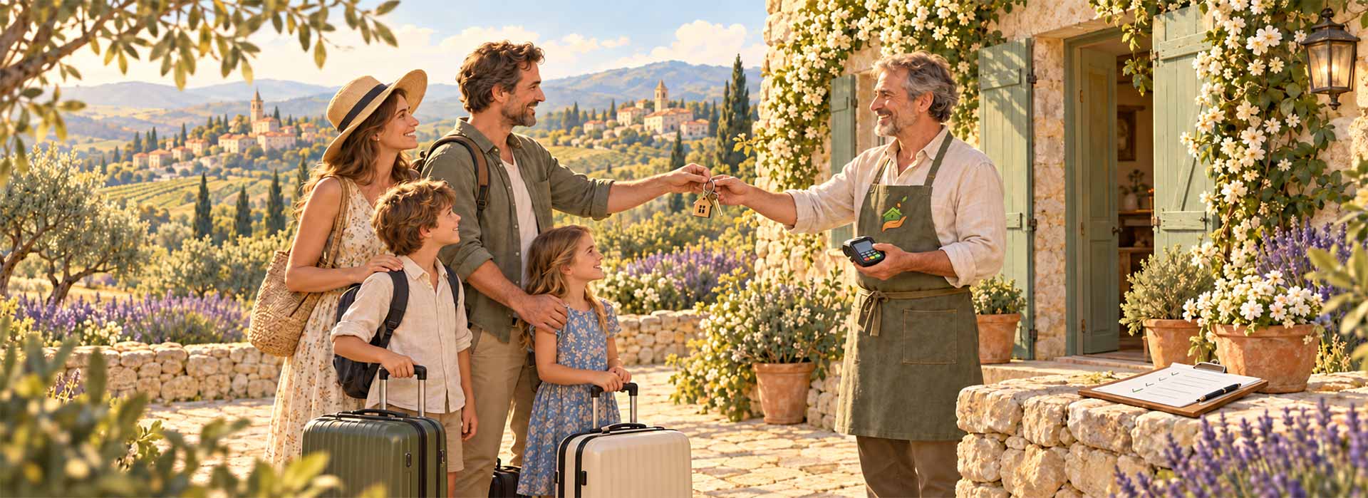 Une famille rend les clés au propriétaire de son gîte au moment du départ, un terminal de paiement à la main et l'état des lieux posé sur le muret