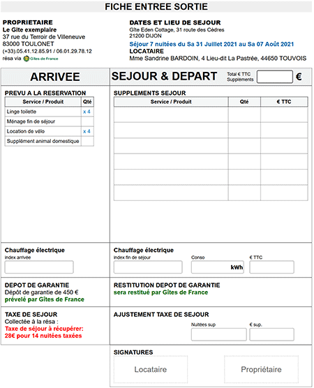 Fiche arrivée / départ pour faciliter l'arrivée et le départ de vos clients