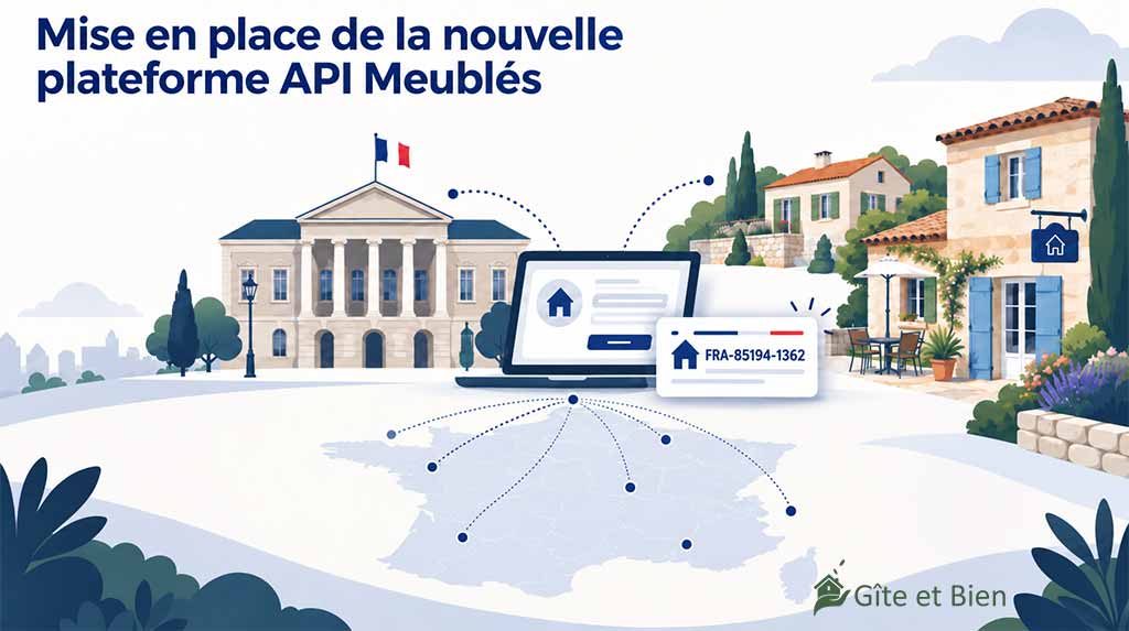 Mise en place de la plateforme API Meublés : une mairie reliée à un gîte par le téléservice national délivrant un numéro d'enregistrement