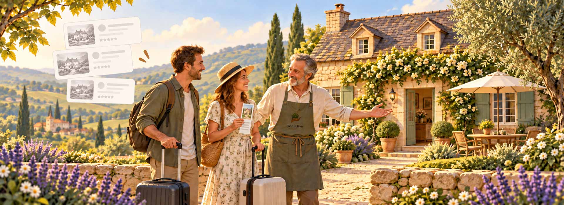 Un propriétaire de gîte accueille des voyageurs devant sa maison, la voyageuse tient le flyer de l'établissement